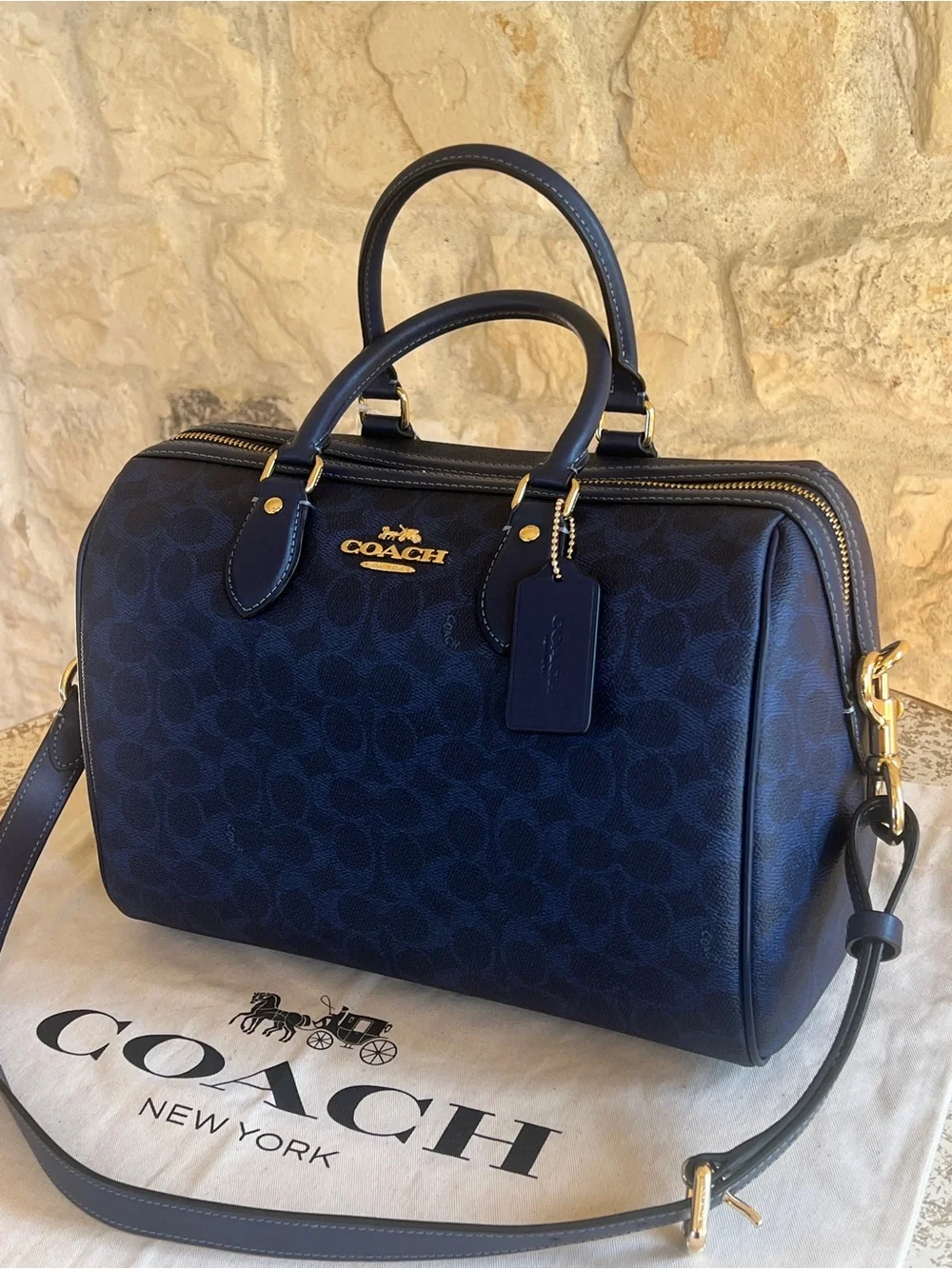 Coach Navy Signature Duffel Bag with Gold Hardware
